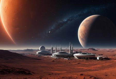 Design a futuristic moon station set on a barren, red-soiled landscape, with sleek, flat metallic buildings and colossal domes dotting the surface. The station is bathed in the warm glow of a setting sun, casting long shadows across the terrain. In the sky, three moons hover alongside a massive galactic nebula, with the Milky Way stretching brilliantly against the cosmic backdrop. Spacecraft shuttle between the moon station and the distant moons, adding a sense of motion to the scene. The hyperrealistic image captures the fine textures of the Martian-like soil, the futuristic architecture, and the ethereal presence of deep space. The overall scene is both futuristic and otherworldly, combining high detail with a tranquil, cosmic ambiance