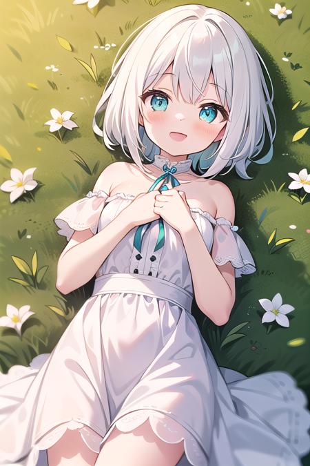 (masterpiece), best quality, grass, from above, 1girl, lying, looking at viewer, blush, open mouth, smile, white hair, aqua eyes, white dress, nice hands