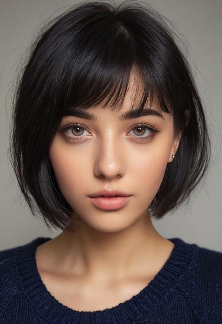 (1girl), beautiful face, (realistic face), (black hair, short hair:1.3), beautiful hairstyle, realistic eyes, beautiful detailed eyes, (realistic skin), beautiful skin, absurdres, attractive, ultra high res, ultra realistic, highly detailed, golden ratio, dark, rim lighting, 
realistic sexy girl with a pretty face, (((navy blue sweater, black jeans))), wearing a stylishnavy blue sweater, black jeans with a funny expression on her face. The background is [(white background:1.2),::5] lines , (cover-style:1.5), fashionable, woman, vibrant, dynamic,funny,