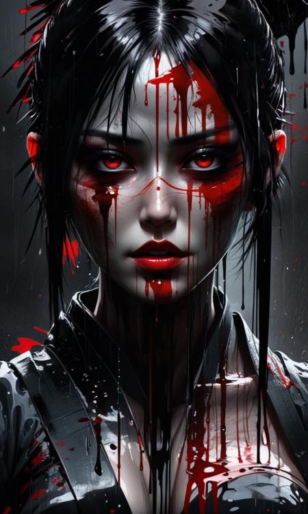 woman in the darkness,holding a samurai,sharp eyes,dripping blood,rsmls,digital art,fantasy theme,awardwinning,8k,trending on artstation and deviantart,dark,abstract,high contrast,russ mills,<lora:RussMillsXL:0.8>,rainwater,whole body,warrior,