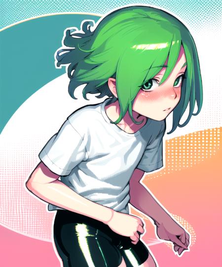 1girl, bangs, skinny, white shirt, solo, standing,  hijiri_rei, (flat shading:1.2), pastel colors, oekaki, short hair, (shiny skin:1.2), shiny hair, (thick outline, contrast, body blush:1.1), lips, nose, green hair, from side, bike shorts, looking at viewer, halftone  background, orange background, drop shadow
 <lora:hijiri-07:0.9>