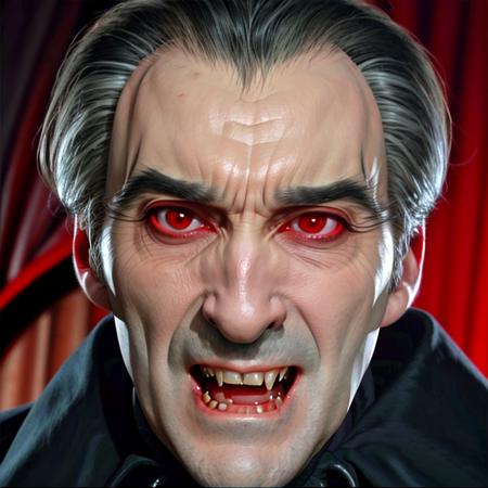 RAW photo, Close-up, face focus, ChristopherLee_Dracula, vampire, red eyes, fangs:1.2, baring fangs:1.2, hissing, open mouth, blood on chin, Hammer Films, shot by Terence Fisher, horror, inhuman, animal, deadly <lora:ChristopherLee_Dracula_v1:1> <lora:XenoDetailer_v2:0.6>