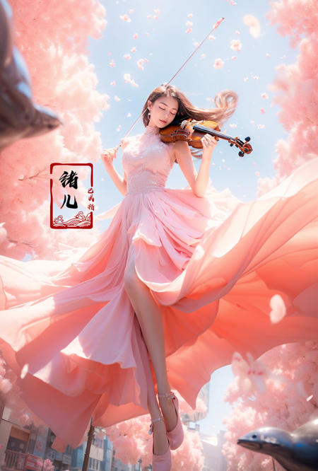 (A girl in a dress is in the air:1.3), playing a violin, (wide shot, wide-angle lens,Panoramic:1.2),super vista, super wide AngleLow Angle shooting, super wide lens, blurry, blurry_background, blurry_foreground, depth_of_field, motion_blur,
violinbare shoulderspetalspink dressfrom belowblurry foreground (Milky skin:1.4),(Closed eyes:1.3), 
(full body:1.5),(long legs:1.3), 
<lora:~Q?-\ct4 violin:0.8>