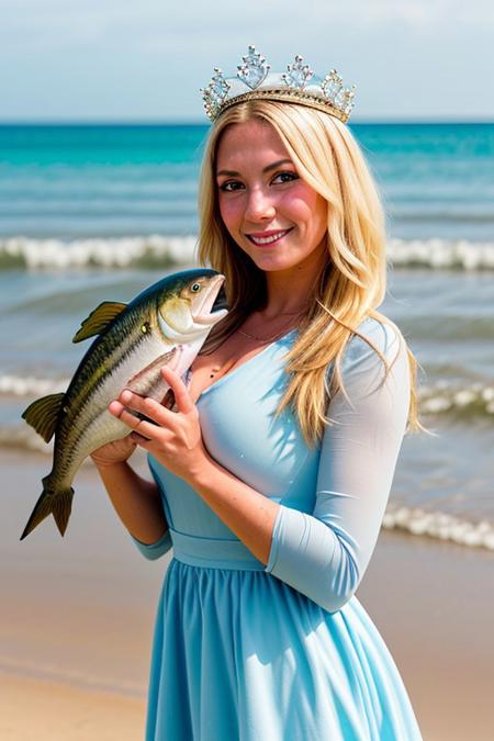 extremely detailed,1girl,she wearing lightblue dress, shining tiara end neckrace,very beautiful,blond hair,she have lod and big fish,on a beach,