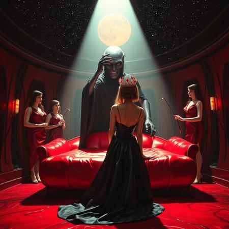 high-society elegant slender norvegian rich innocent young bride  kneeling  whorish red glossy bed from behind. She is ensnared by a towering, gray human-like alien, draped in a long, glossy black cloak, its eyes gleaming red with an otherworldly intensity.  its hands touching her head putting slime tentacles tiara  on her. Encased in light beam from the alien breeding chamber celling. Surrounded by strict ladies wearing  glossy satin dominatrix attire and glossy high heels,  holding whips.   weird wet-look black slime  walls and floor, colossus observation blister to outer space full of stars, bright red moon, vintage-inspired makeup, long hairs, ultra thin waist, evil grin, porcelain skin, lipstick, red nails, in the style of a haunting, retro-futuristic 1950s sci-fi nightmare, horror, alien space base,,