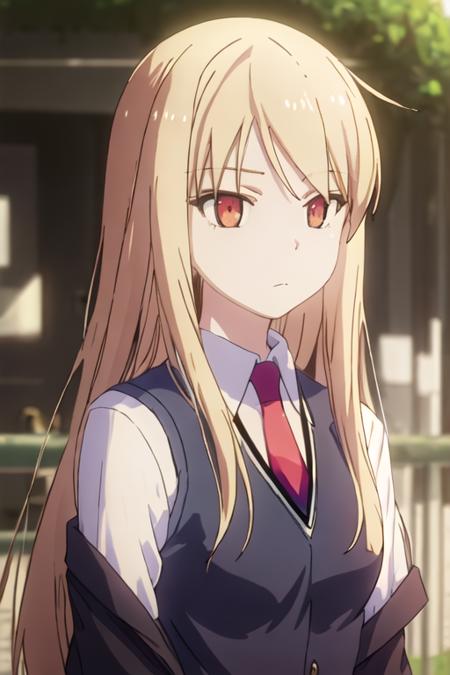 best quality, masterpiece, highres, solo, {shiina_mashiro_sakurasounopetnakanojo:1.15}, blonde_hair, long_hair, red_eyes, brown_eyes, 1girl, bangs, closed_mouth, looking_at_viewer, necktie, red_necktie, school_uniform, shirt, sweater_vest, upper_body, white_shirt, chain-link_fence, collared_shirt, fence, blurry, outdoors, depth_of_field, expressionless