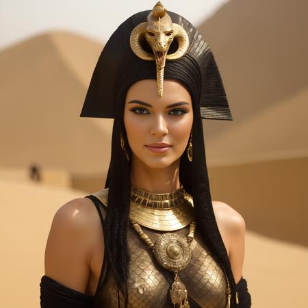 Photo of (ohwx woman) <lora:KendalJenner:1> as an Egyptian queen, serpent headdress, golden serpent jewelry. pyramids, Egypt