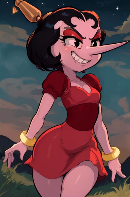 hildaberg,black hair,short hair,black eyes,pink skin,(pointy nose:1.1),long nose,
red dress,arm gold bangle,hair ornament,evil smil,teeth,
standing,
nighttime,plains,
(insanely detailed, beautiful detailed face, masterpiece, best quality),<lora:hildaberg-10CHv8:0.8>,