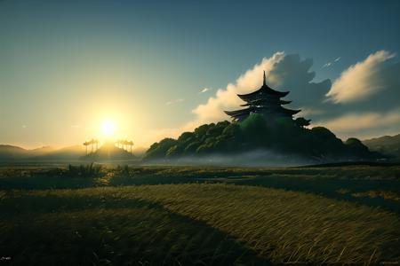 masterpiece, best quality,Ghost of Tsushima,grass,cloud,sun,no humans,