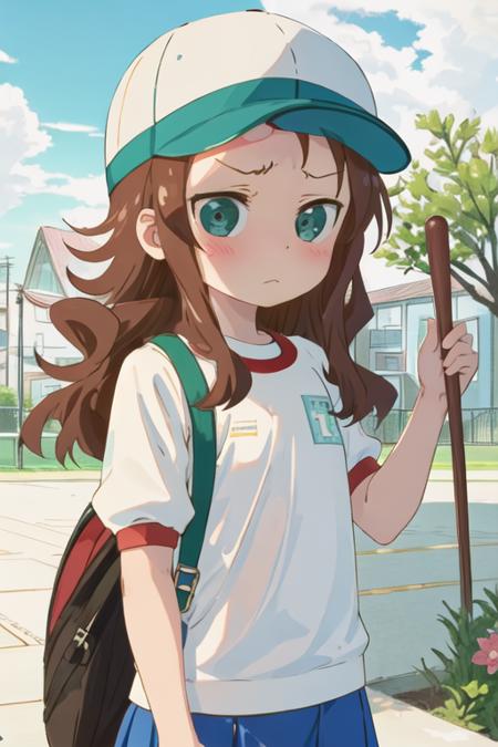 best quality, masterpiece, highres, solo, {riko_saikawa_kobayashisanchinomaidragon:1.15}, brown_hair, blush, long_hair, green_eyes, hair_ornament, flower, hair_flower, 1girl, blue_sky, closed_mouth, hat, sky, day, shirt, upper_body, white_shirt, baseball_cap, looking_at_viewer, outdoors, cloud, frown, gym_uniform