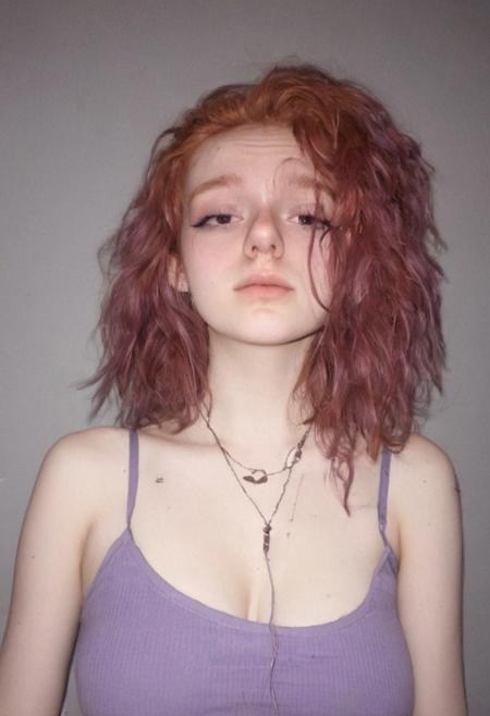 woman, egirl_pfp, polaroid
<lora:egirl_pfp:1>, Molly, MJ, auburn hair, greyish violet tank top, violet spaghetti strap tank top, cleavage, polaroid photo, large boobs