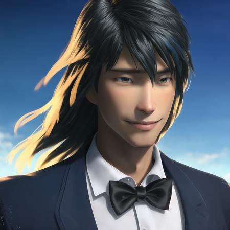 nanhe, solo, realistic, bow, black hair, male focus, 1boy, bowtie, sky, smile, long hair, school uniform, looking to the side, black bow, blue sky, portrait, jacket, 16K, HD, 3D, high quality, OC rendering, Unreal Engine, top graphics, cinematic graphics, perfect lighting and shadow effects, <lora:deep sea:1>