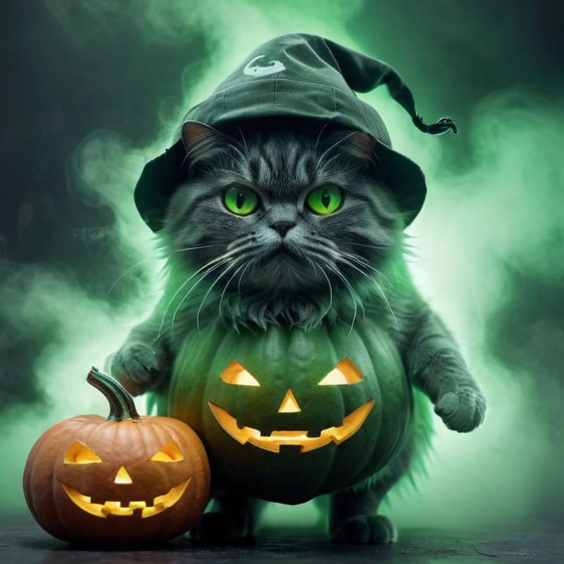 A cute cat dressed up as a witch with a green hat and green eyes holding a pumpkin.