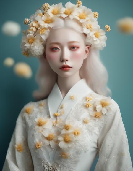 a commercial photo portrait of instagram model, the Ethereal Portraits, fashionable 2020's Japanese girl, detailed skin texture, 16yo girl, hyper real photo, , Albinism and Heterochromia by Bella Kotak, girly portrait in studio shoots, Albina Albina, Feminine portrait, bust-up shot, intricate fantasy dress,
taken by professional studio lighting, 150mm lens, PhaseOne, digital backs, medium format,
, 150mm portrait, photography, photo taken with a Hasselblad H4D, taken with PhaseOne IQ180, IQ160, IQ140, P65+, P45+, "digital back", extremely detailed, Leaf Aptus, perfect skin, detailed skin, hyper reality, perfect face,
(maize:1.6) hair, (maize:1.6) background, dress head completely covered with (maize:1.6) flowers, (maize:1.6) color filter,