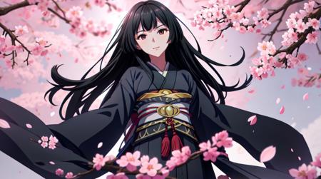 best quality, one girl, mature, standing, cherry blossoms falling,  <lora:add_detail:0.5> , masterpiece,top down view,  <lora:Glassv1.1:0.55>, black kimono, fan vassal weapons, looking at viewer