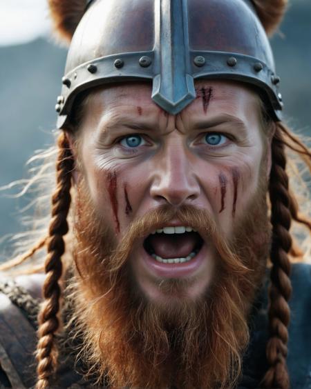 an ancient viking warrior, with prominent beard, 40 years old, staring into space, shouting, redhead hair with braids, (bleeding:1.3), with his warrior's helmet, perfect blue eyes, natural skin texture, movie Still, cinematic, <lora:!action-sdxl-V0.5:1>,  <lora:more_details:1>