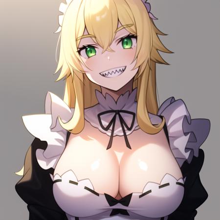 <lora:FredericaV5:0.7>, Frederica, 1girl, blonde_hair, green_eyes, upper_body, large_breasts, grin, sharp_teeth