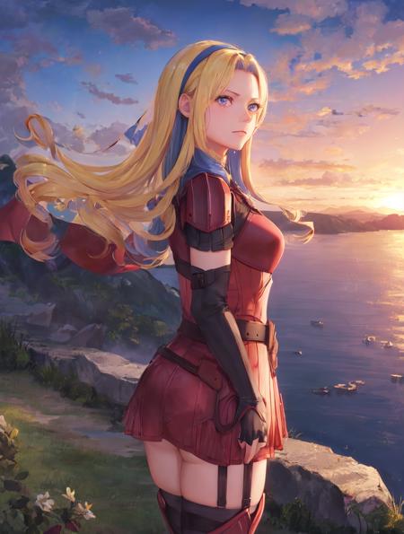 masterpiece, best quality, constance_timeskip, hairband, shoulder armor, red dress, gauntlets, thigh strap, belt, standing on a cliff, sunset, sky, wide shot, side view <lora:constance-nvwls-v2-000015:0.9>