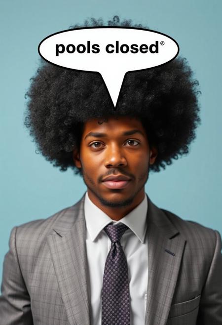 text bubble:"pools closed" warns a nicely dressed man in a gray suit with a large afro