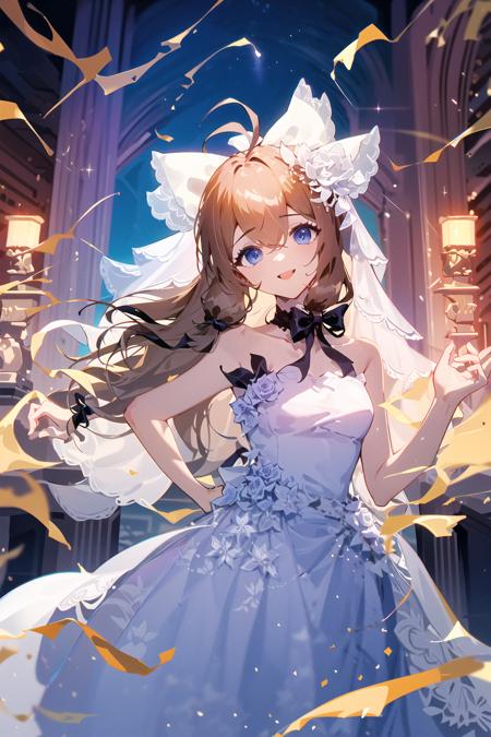 (best quality, high definition, masterpiece:1.2,), Illustration, night, 1girl, (wedding dress), arm behind back, waiting for kiss, looking at viewer, happy,   <lora:DianaV3:1> ,bow,ahoge