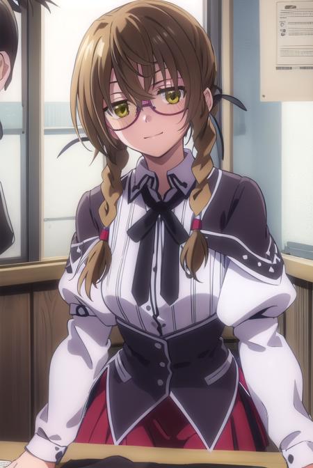 aikakiryuu, <lora:aika kiryuu anime s2-lora-nochekaiser:1>,
aika kiryuu, long hair, brown hair, (green eyes:1.5), braid, glasses, twin braids, smile,
BREAK shirt, ribbon, school uniform, white shirt, black ribbon, neck ribbon, capelet, black capelet, long sleeves, skirt, red skirt,
BREAK indoors, classroom,
BREAK looking at viewer, (cowboy shot:1.5),
BREAK <lyco:GoodHands-beta2:1>, (masterpiece:1.2), best quality, high resolution, unity 8k wallpaper, (illustration:0.8), (beautiful detailed eyes:1.6), extremely detailed face, perfect lighting, extremely detailed CG, (perfect hands, perfect anatomy),