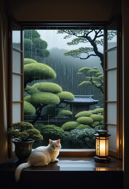 A rainy night viewed through a window, with a cozy nook and a pet curled up nearby.., 
Japanese symbolism, muted colors, delicate brushwork, mystical themes, serene compositions, traditional motifs, flowing lines, natural elements, introspective mood, soft gradients, ethereal atmosphere, poetic expression, mythological undertones, refined elegance, dreamlike quality