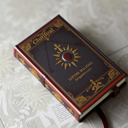 Brown medieval book with gold, grey background, cover, sun emblem, laying on a table, locking belt