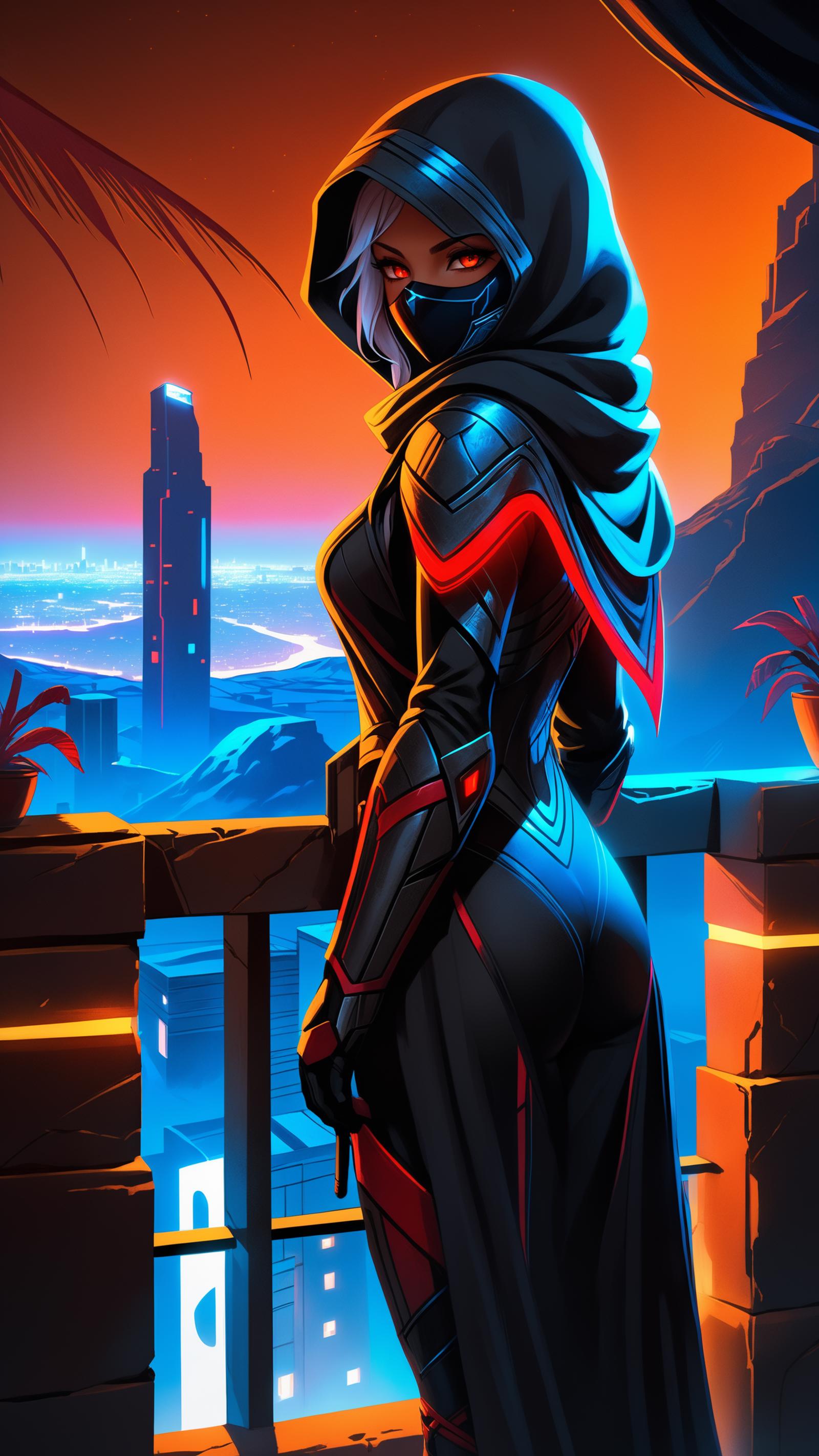 A woman in a black and red costume stands on a balcony at sunset.