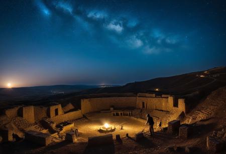Night Atmosphere,full moon, under starry night sky, an archeologist working at gobekli tepe dig site, cinematic, trending on ArtStation, masterpiece, Award winning