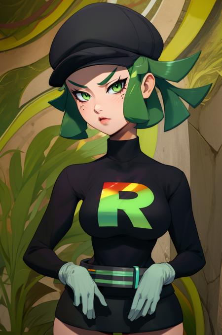 rinbogrunt,green hair,green eyes,short hair,
team rainbow rocket uniform,hat,belt,white gloves,black turtle neck,long sleeves,
solo,upper body,standing,serious,black miniskirt,thick,
secret base,
(insanely detailed, beautiful detailed face, masterpiece, best quality),<lora:RainbowRocket-10:0.8>,