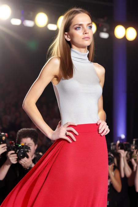 ((full body)) of a woman supermodel standing at attention on stage, fashion show, tugcekazaz01, (diamond earrings, fine necklace),  shimmer blush, face oil, (freckles:0.7), collar, (((( long skirt, turtleneck t-shirt)))), she looking up viewer, (((arms spread))), ((((hands on waist)))), long hair, detailed face, dynamic pose, guests sitting on sides, hundreds of paparazzi, Photorealistic, Hyperrealistic, Hyperdetailed, analog style, matte skin, soft lighting, realistic, heavy shadow, masterpiece, best quality, ultra realistic, 8k, golden ratio, Intricate, High Detail, film photography, soft focus, RAW candid cinema, 16mm, color graded portra 400 film, remarkable color, textured skin, remarkable detailed pupils, realistic dull skin noise, visible skin detail, skin fuzz, dry skin, shot with cinematic camera, hip, waist, legs, <lora:TugKaz01-000003:1>, (blush:0.5), (goosebumps:0.5), subsurface scattering.