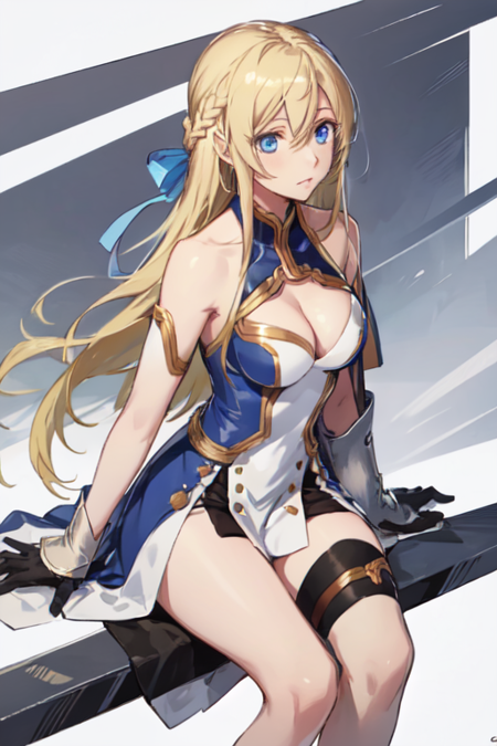 JeanneKaguyadArc, 1girl, solo, long hair, blue eyes, blonde hair, braid, single thighhigh, white thighhigh, black gloves, dress, cleavage, bare shoulders, medium breasts, hair ribbon, cleavage cutout, armor,