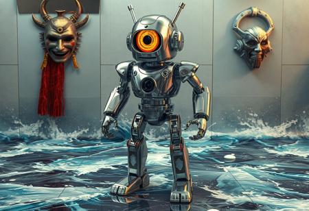 A silver robot, resembling a Samurai Sword Baron, stands on a surface depicting a natural disaster. The robot has two arms and two legs, giving it a humanoid appearance, and features a large orange eye on its head and a small black eye on its chest. A mirror wall adorned with Mask of Restrict and another mask is visible in the background. The robot appears ready to embark on a journey in this dynamic action pose, with captivating lighting and vivid emotions. Rendered with exceptional quality, this image showcases intricate details, hyperrealistic textures, cinematic lighting, and a balanced composition.