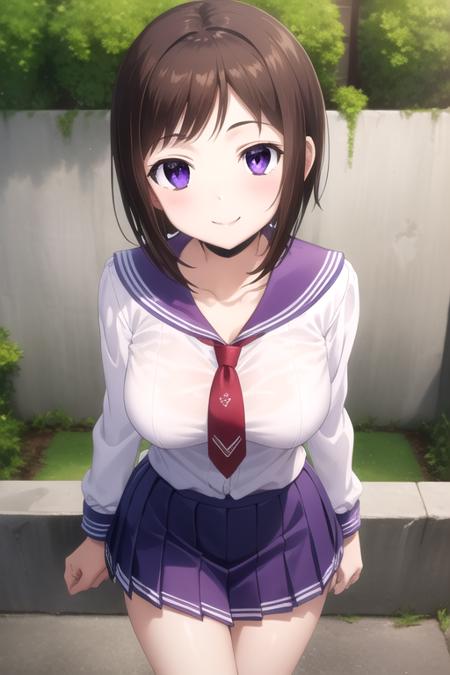 Ui Wakana short hair,brown hair,sidelocks,parted bangs,purple eyes collarbone,school uniform,purple sailor collar,white shirt,red necktie,short necktie,long sleeves,large breasts,purple skirt,pleated skirt,purple socks,loafers