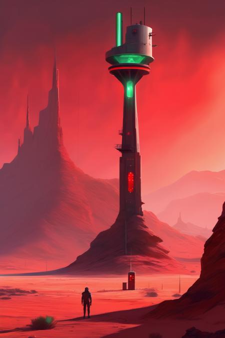 <lora:Christopher Balaskas Style:1>Christopher Balaskas Style - remote futuristic outpost fortress, tall wooden watch tower, a communications antenna, a small bright red lit beacon atop it, desert environment with touches of green, long mountain ridge in distant background