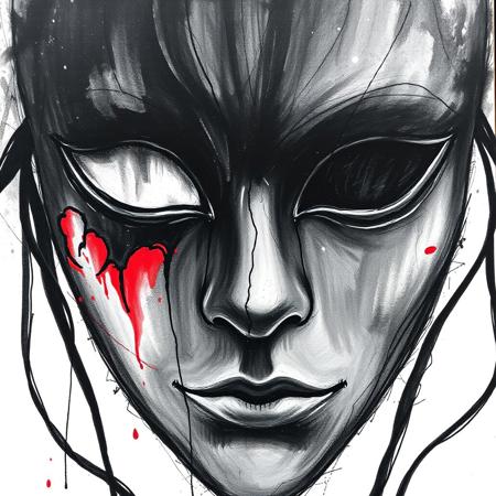 Black Venetian black mask, black and red shoots of flesh flowing from the eyes and spreading over the face, small cracks in the varnish, charcoal drawing, rough sketch, not realistic, white background, black eye holes