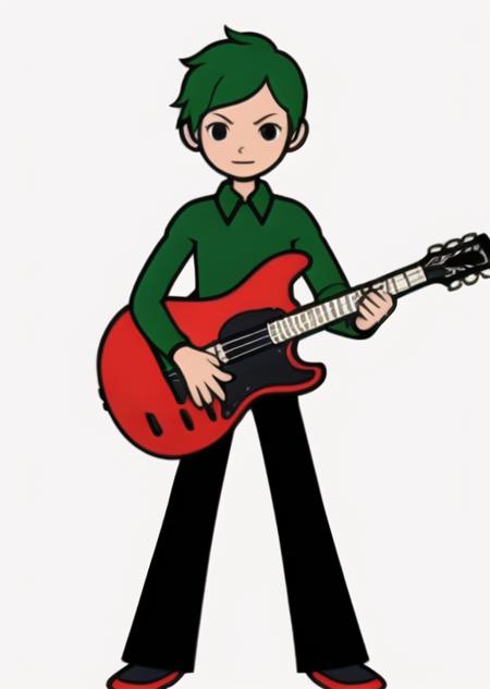 rhythm_heaven, 1boy, green shirt, black pants, red shoes, guitar, holding instrument, green hair, short hair, white sleeves, long sleeves <lora:RhythmHeavenTest6:0.7>