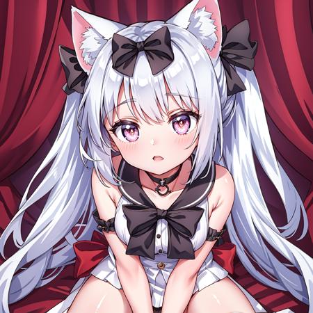 A girl sitting on a bed,  cat ears,  black bow,  white hair,  all over., <lora:EMS-34881-EMS:0.600000>