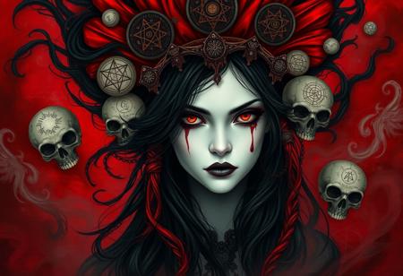 Create a surreal, gothic portrait of a mysterious, vampire-like woman with piercing blood-red eyes and porcelain white skin. Her flowing black and red hair frames her face dramatically, swirling with intricate arcane symbols and abstract designs woven into the strands. A large red headdress crowns her head, adorned with occult symbols and webs, giving her an air of dark royalty.
Surrounding her are skulls and spherical symbols with cryptic markings, floating in a dense, blood-red mist. The background is filled with swirling smoke and spiritual energy, featuring faint, web-like patterns and occult designs that add to the mystic and eerie atmosphere. The overall color palette should be dominated by deep reds, blacks, and soft grays, with a stark contrast between her pale skin and the intense background elements.
Her expression is intense and otherworldly, with black makeup around her eyes and a single blood-red tear dripping down her cheek, reinforcing the dark, gothic aesthetic.