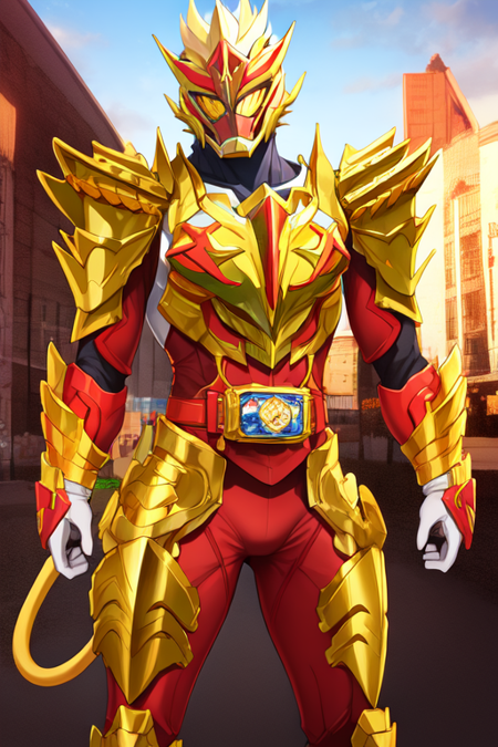 tyrannosaurus rex, lion, red armor, yellow armor, helmet, tokusatsu, rider belt, solo