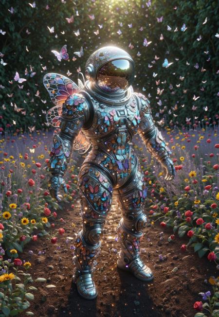 A seasoned astronaut made of tech butterfly in a sleek, reflective space suit, complete with a bulky helmet that gleams under the sunlight, stands amidst a vibrant garden filled with blooming flowers of all colors—crimson roses, golden sunflowers, and lavender violets. The lush greenery surrounding the astronaut creates a stark contrast to their metallic attire. tech butterfly flutter above, tech butterfly creating playful patterns on the ground. The scene evokes a whimsical high tech, blending the extraordinary imagery of space exploration with the tranquility of nature. The artistic style is hyper-surealistic, capturing every minute detail of the astronaut's suit and the intricate textures of the flowers and foliage.butterflyStyle, made of tech butterfly 