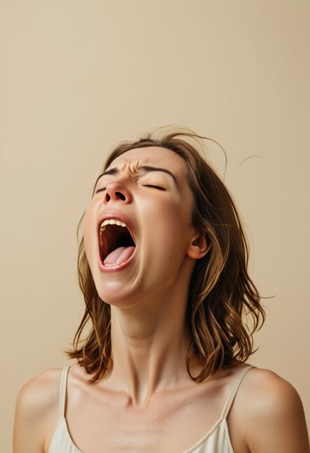 A dramatic portrait of a person mid-yawn against a cream-colored background, shoulder-length brown hair with golden highlights, eyes closed, head tilted back, mouth wide open in a natural expression, minimalist composition, bright even lighting, candid moment, realistic texture, muted color palette of beige and brown tones, intimate and honest portraiture