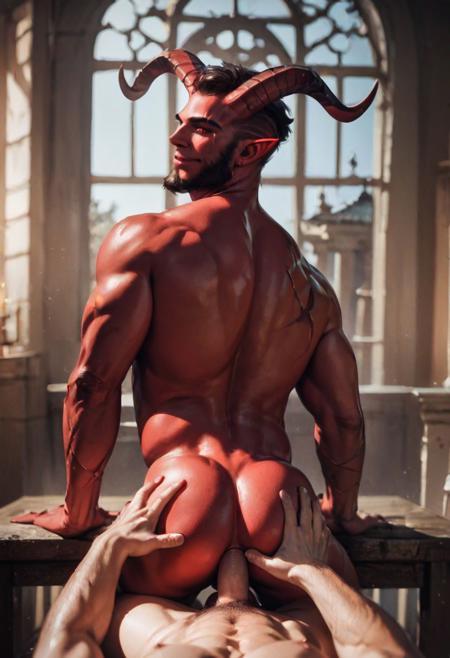 score_9, score_8_up, score_7_up, score_6_up, score_5_up, score_4_up, photo, realistic, solo, male focus, mature male, muscular, demon, red skin, beard, red eyes, pov, top view, human pov, gay anal sex, demon turned with his back from the viewer, human penis penetrating demon ass, scars, holy temple