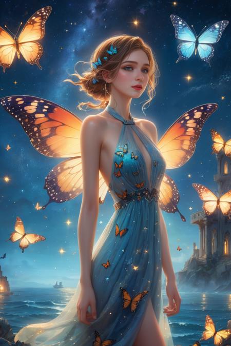 masterpiece,best quality,4k,<lora:ScGirl_tea_XLbV3:1>,1girl,fair_skin,highres,absurdres,wallpaper,((Beautiful butterflies in detail)),((Beautiful stars in detail)),(((halter dress ))),particle,(Starry sky in beautiful detail),(Hazy fog),(Ruins of beautiful details),(((Standing on the surface of the sea))),