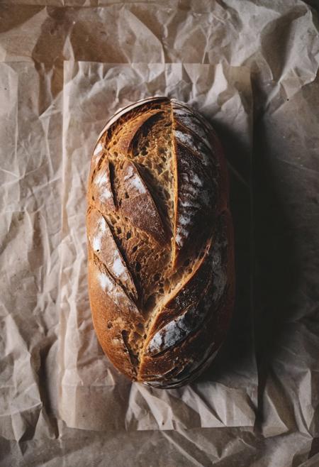 high-contrast palette, subtle grain, timeless feeling, cinematic quality, modern art photograph, freshly baked bread