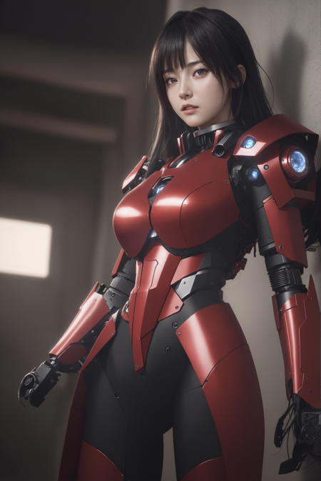 (8k, RAW photo, best quality, masterpiece:1.2), (realistic, photo-realistic:1.2)(raw photo) (extremely detailed CG unity 8k wallpaper) detailed and intricate, original,highres,[1girl:background:0.6]looking at viewer,upper bodyred shidudou, ,machinery,, Mecha,realistic, photo