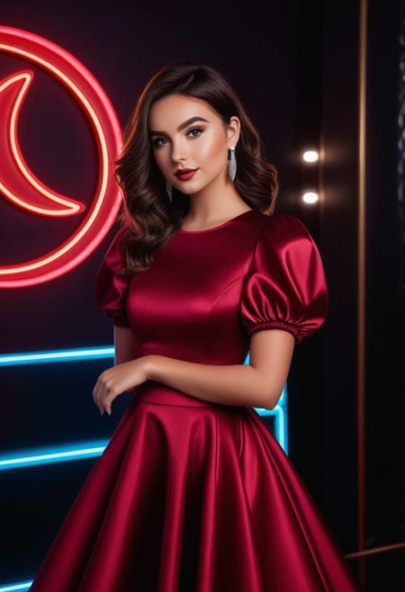 half body, portrait, a gorgeous teenager brunette girl wearing a dark red satin short puff sleeve circle prom dress, cute tiktok girl, ig model, perfect human female specimen, neon lights in background, glamorous pose