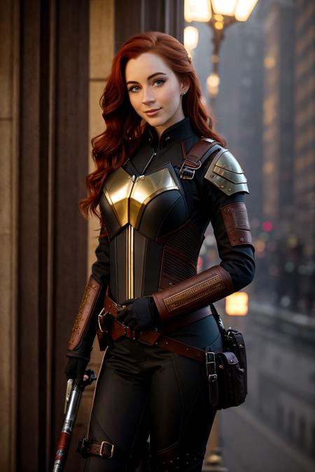 medium shot photo of a mix of (officer-style tunic, jodhpurs, and tall riding boots:0.8) and (magical girl:0.5)  daniboker with red hair , nice cleavage, intricate steampunk+ city, evening, dark, atmospheric, mist, best quality masterpiece, photorealistic, detailed, 8k, HDR, shallow depth of field, broad light, high contrast, backlighting, bloom, light sparkles, chromatic aberration, sharp focus, RAW color photo<lora:epiNoiseoffset_v2Pynoise:1.0>