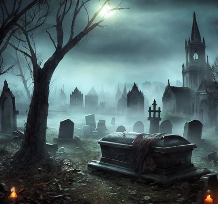 (masterpiece:1.2), (best quality,:1.2), 8k, HDR, ultra detailed, ((photorealistic)), professional light, cinematic lighting, fashion photography, ambient lighting, background, a derelict, abandoned old medieval gothic cemetary at night, (open graves), (broken coffins), (broken sarcophagus), dead trees, Darkness, DarkFantasy, <lora:Darkness-10:1>,  epiCPhoto,