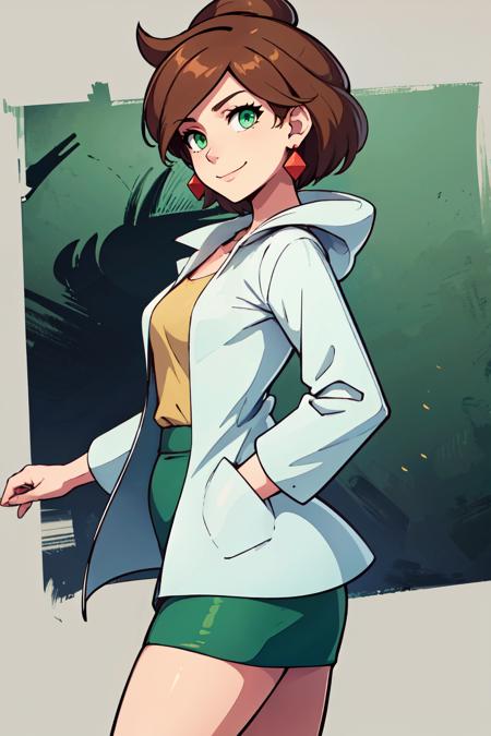 zzJuniper, green eyes, brown hair, short hair, earrings,  zzJuniper, green eyes, brown hair, short hair, earrings, labcoat, green skirt, pencil skirt